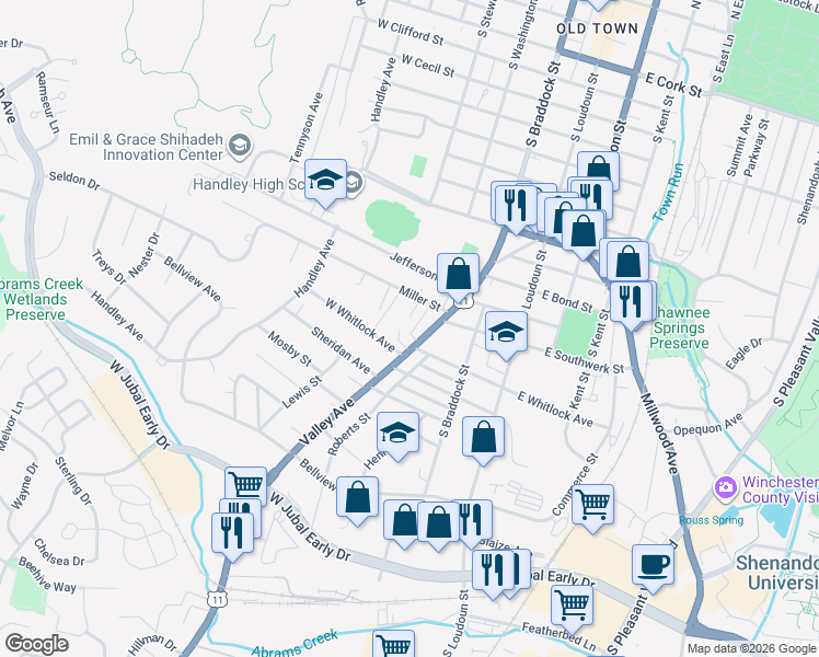 map of restaurants, bars, coffee shops, grocery stores, and more near 1320 Ashburn Street in Winchester