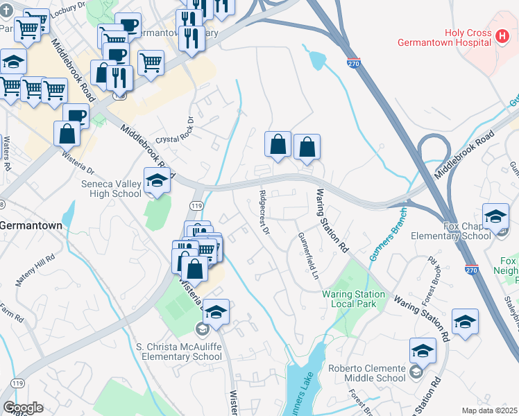 map of restaurants, bars, coffee shops, grocery stores, and more near 19404 Ridgecrest Dr in Germantown