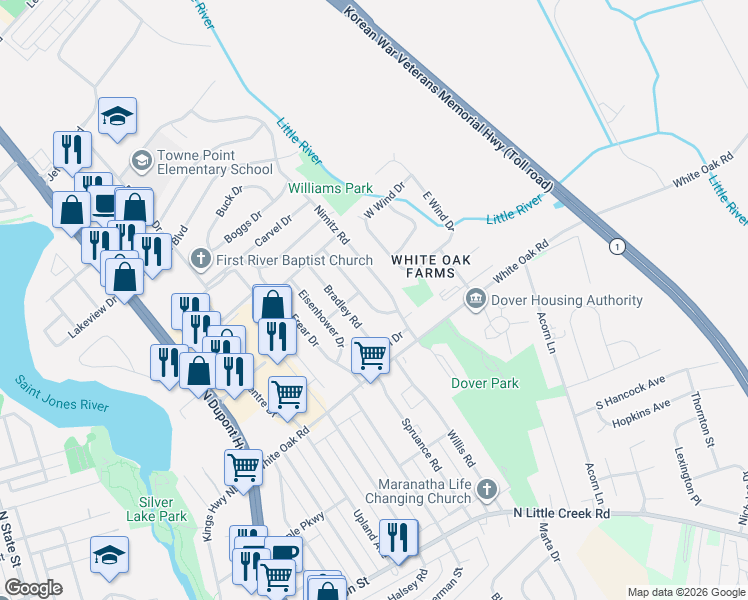 map of restaurants, bars, coffee shops, grocery stores, and more near 320 Nimitz Road in Dover