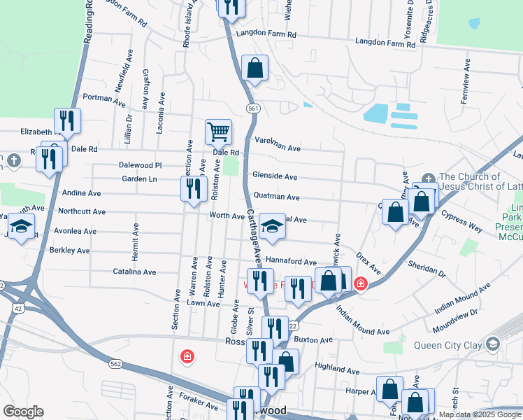 map of restaurants, bars, coffee shops, grocery stores, and more near 2112 Cathedral Avenue in Cincinnati