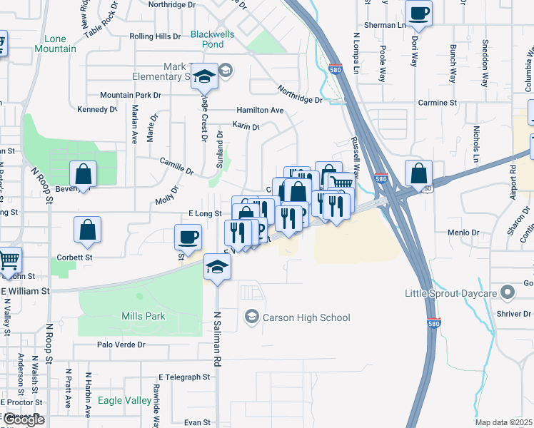 map of restaurants, bars, coffee shops, grocery stores, and more near 1825 East Long Street in Carson City