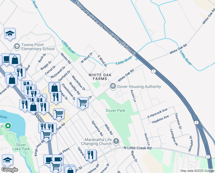 map of restaurants, bars, coffee shops, grocery stores, and more near 218 Bay Tree Road in Dover