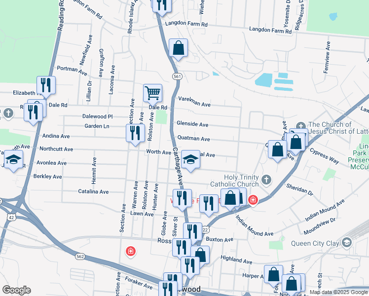 map of restaurants, bars, coffee shops, grocery stores, and more near 2112 Cathedral Avenue in Cincinnati