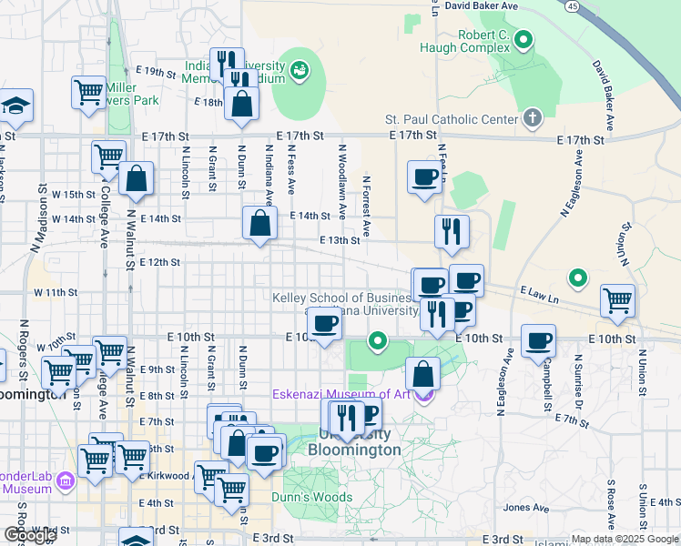 map of restaurants, bars, coffee shops, grocery stores, and more near 900 North Woodlawn Avenue in Bloomington