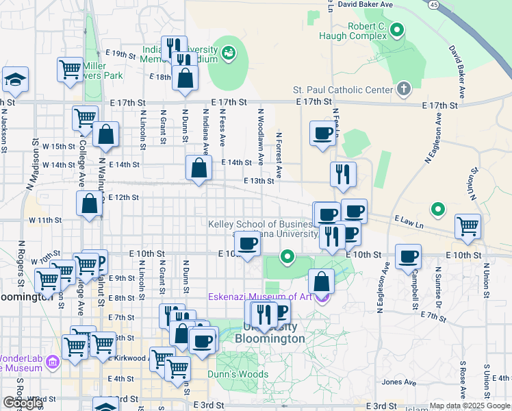 map of restaurants, bars, coffee shops, grocery stores, and more near in Bloomington
