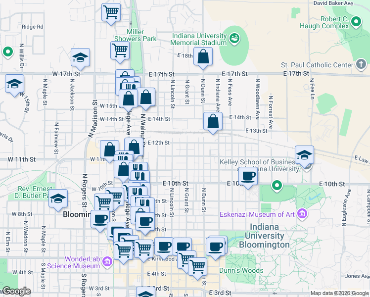 map of restaurants, bars, coffee shops, grocery stores, and more near 312 East 12th Street in Bloomington
