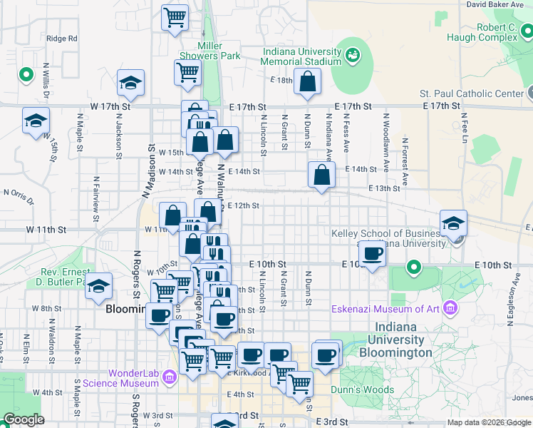 map of restaurants, bars, coffee shops, grocery stores, and more near 312 East 12th Street in Bloomington