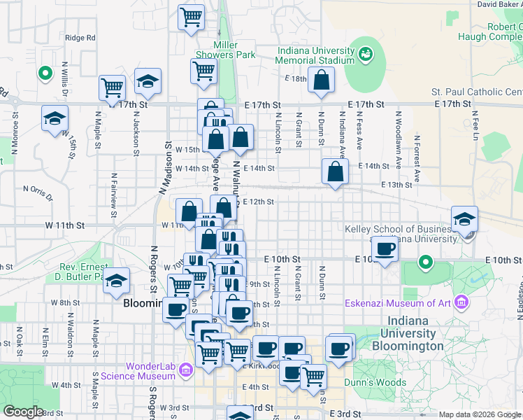 map of restaurants, bars, coffee shops, grocery stores, and more near 810 North Washington Street in Bloomington