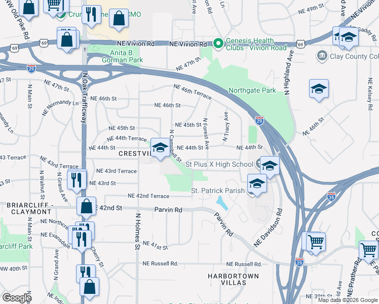 map of restaurants, bars, coffee shops, grocery stores, and more near 1015 Northeast 44th Street in Kansas City