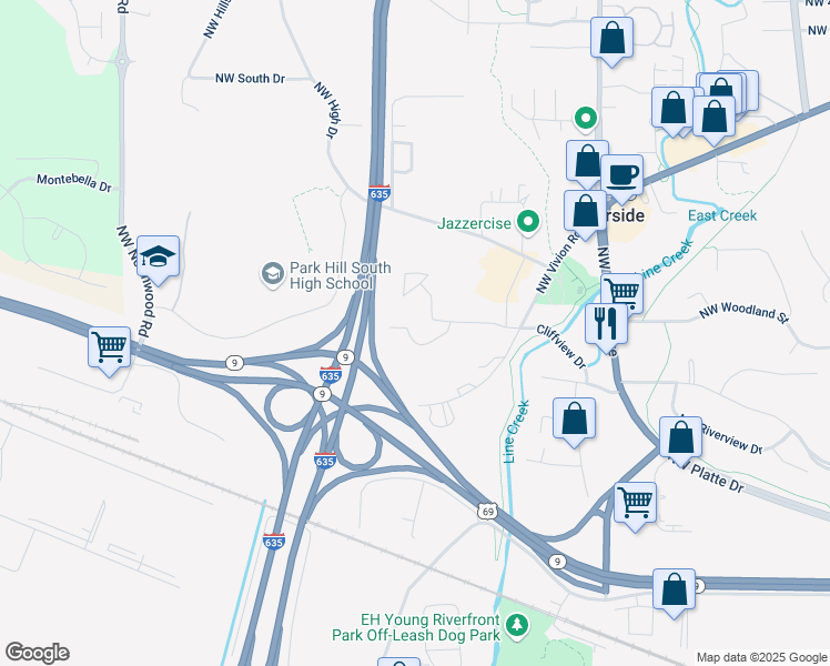 map of restaurants, bars, coffee shops, grocery stores, and more near 4800 Cliffview Drive in Riverside