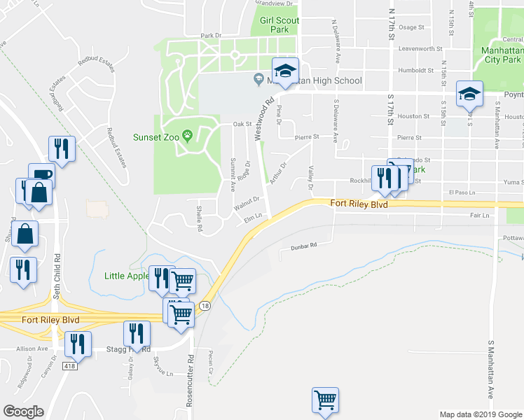 map of restaurants, bars, coffee shops, grocery stores, and more near 2104 Elm Lane in Manhattan