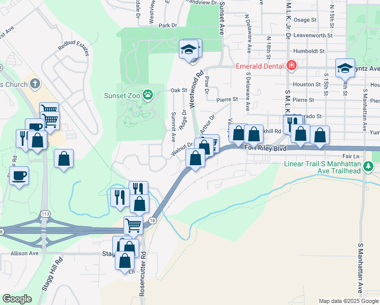 map of restaurants, bars, coffee shops, grocery stores, and more near 2104 Elm Lane in Manhattan