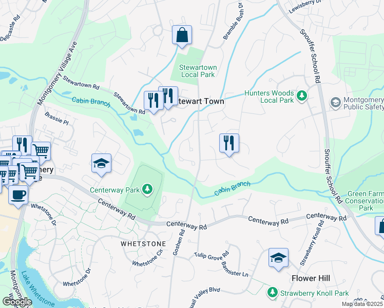 map of restaurants, bars, coffee shops, grocery stores, and more near 9208 Sandy Lake Circle in Gaithersburg