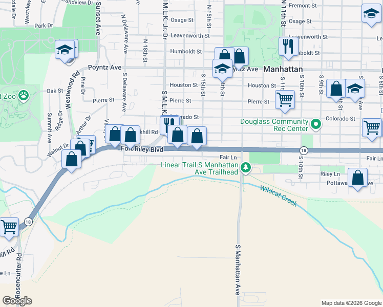 map of restaurants, bars, coffee shops, grocery stores, and more near 604 South 15th Street in Manhattan