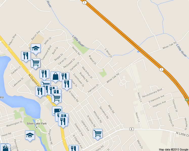 map of restaurants, bars, coffee shops, grocery stores, and more near 320 Nimitz Road in Dover