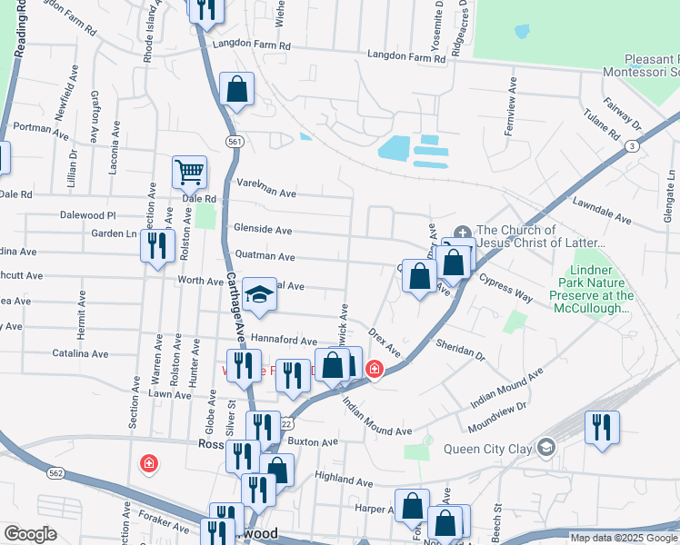 map of restaurants, bars, coffee shops, grocery stores, and more near 5413 Fenwick Avenue in Cincinnati