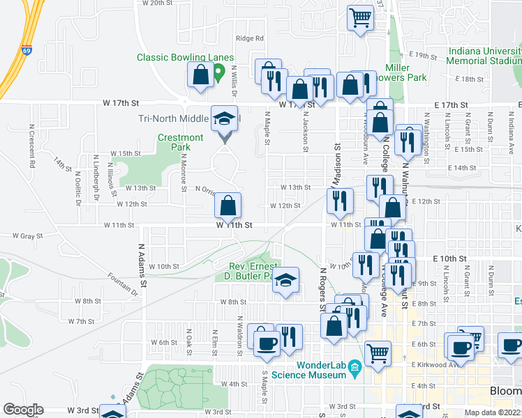 map of restaurants, bars, coffee shops, grocery stores, and more near 801 West 12th Street in Bloomington