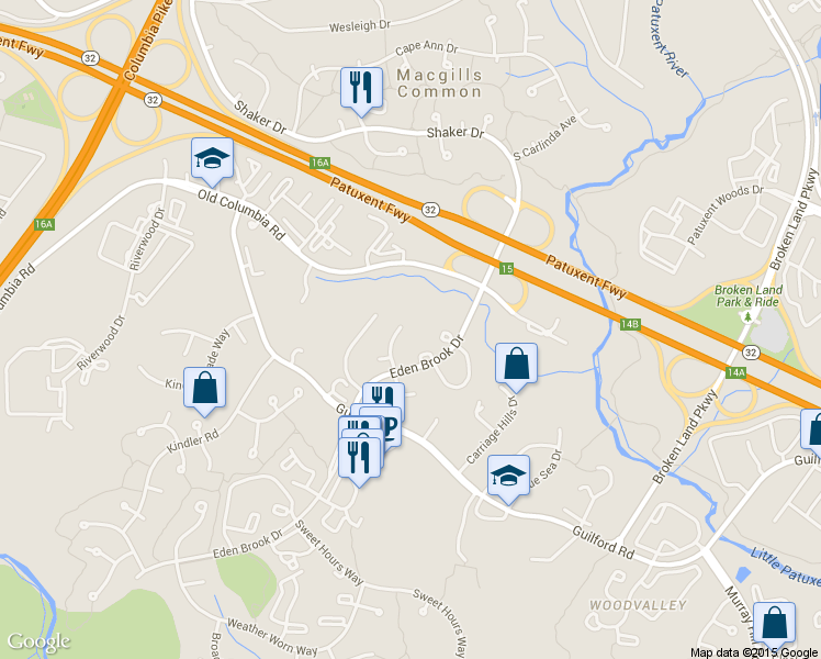 map of restaurants, bars, coffee shops, grocery stores, and more near 7126 Willow Brook Way in Columbia