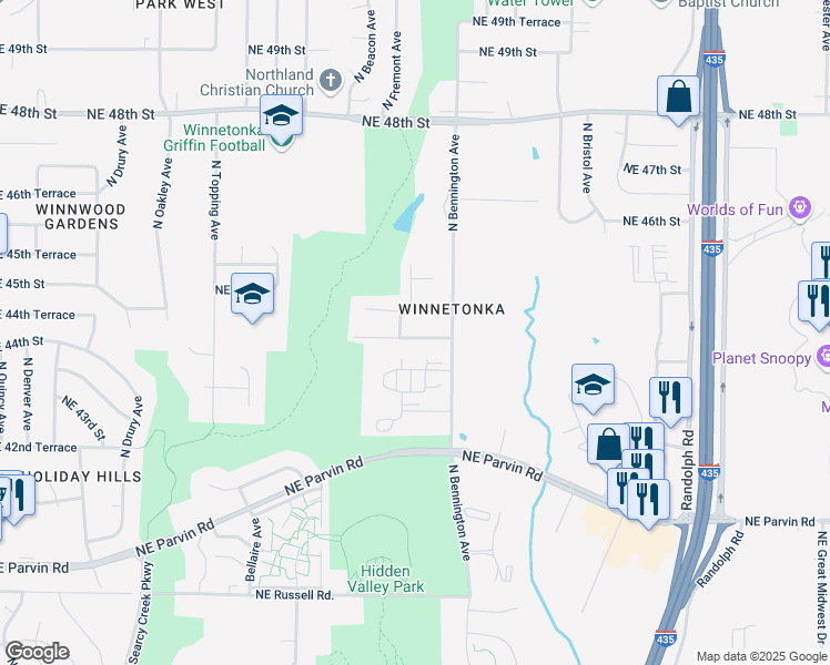 map of restaurants, bars, coffee shops, grocery stores, and more near 6444 Northeast 44th Street in Kansas City