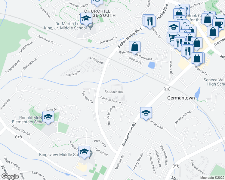 map of restaurants, bars, coffee shops, grocery stores, and more near 19404 Caravan Drive in Germantown