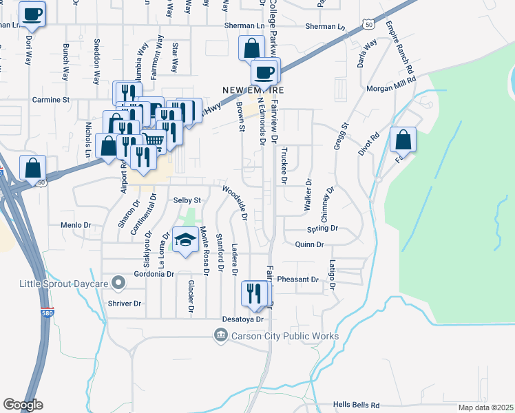 map of restaurants, bars, coffee shops, grocery stores, and more near 1416 North Edmonds Drive in Carson City