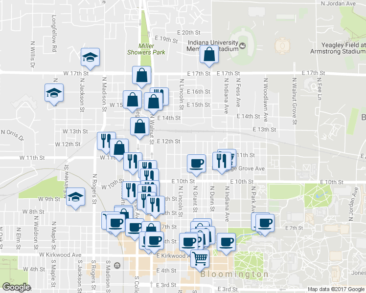 map of restaurants, bars, coffee shops, grocery stores, and more near 312 East 12th Street in Bloomington
