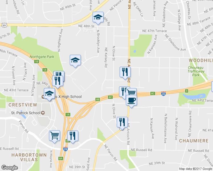 map of restaurants, bars, coffee shops, grocery stores, and more near 2304 Northeast 44th Street in Kansas City