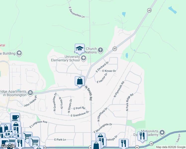 map of restaurants, bars, coffee shops, grocery stores, and more near 4121 East Deckard Drive in Bloomington