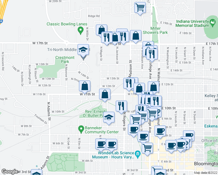 map of restaurants, bars, coffee shops, grocery stores, and more near 621 West 12th Street in Bloomington