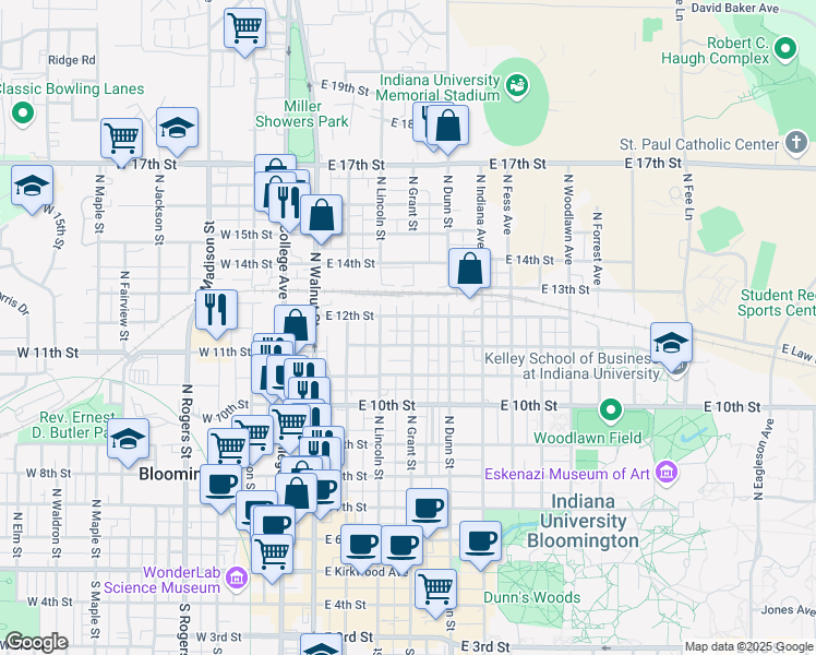 map of restaurants, bars, coffee shops, grocery stores, and more near 312 East 12th Street in Bloomington