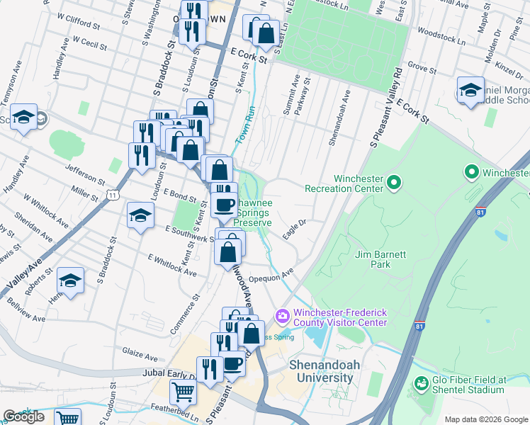 map of restaurants, bars, coffee shops, grocery stores, and more near 520 Eagle Place in Winchester