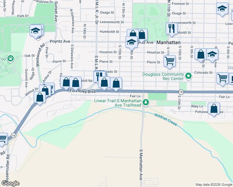 map of restaurants, bars, coffee shops, grocery stores, and more near 604 South 15th Street in Manhattan