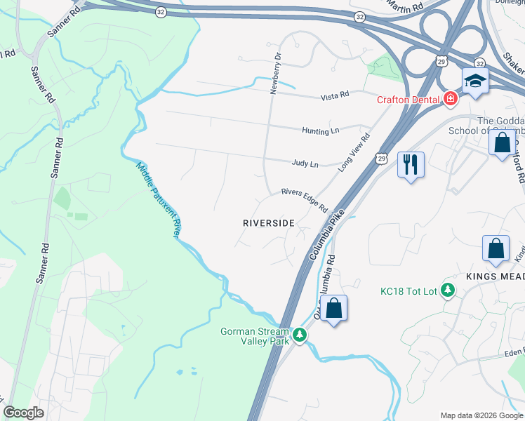 map of restaurants, bars, coffee shops, grocery stores, and more near 7141 Rivers Edge Road in Columbia