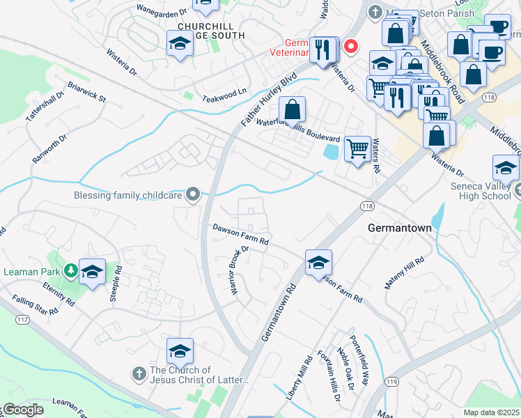map of restaurants, bars, coffee shops, grocery stores, and more near 19515 Caravan Drive in Germantown