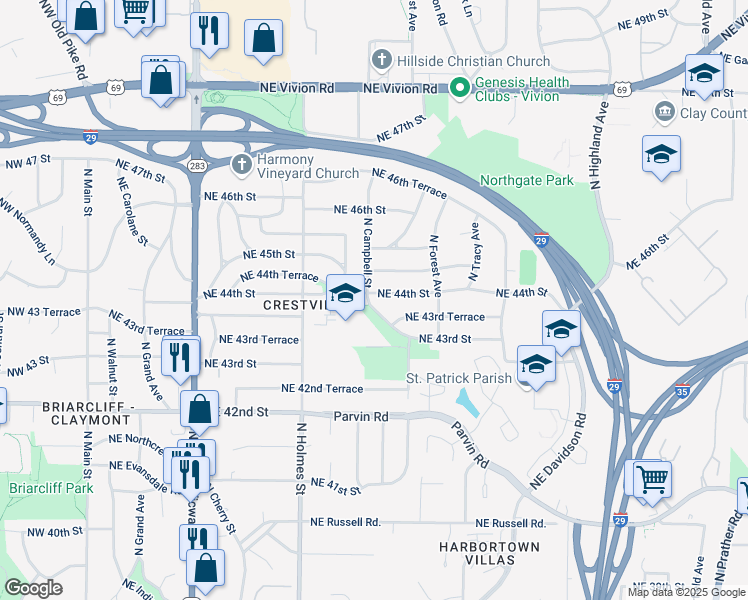 map of restaurants, bars, coffee shops, grocery stores, and more near 4331 North Campbell Street in Kansas City