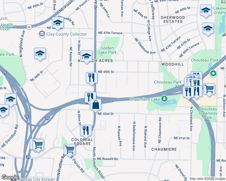 map of restaurants, bars, coffee shops, grocery stores, and more near 4408 North Chestnut Avenue in Kansas City