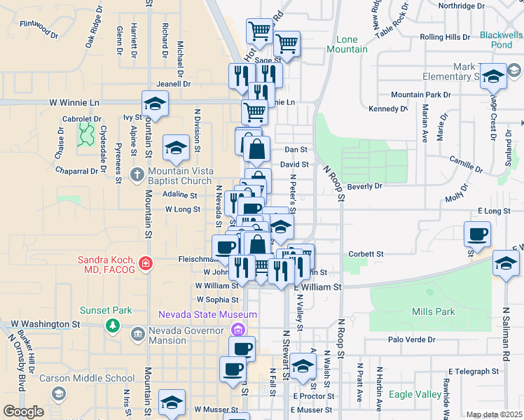 map of restaurants, bars, coffee shops, grocery stores, and more near 119 East Long Street in Carson City