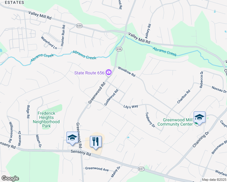 map of restaurants, bars, coffee shops, grocery stores, and more near 205 Goldenrod Road in Winchester