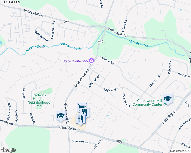 map of restaurants, bars, coffee shops, grocery stores, and more near 205 Goldenrod Road in Winchester