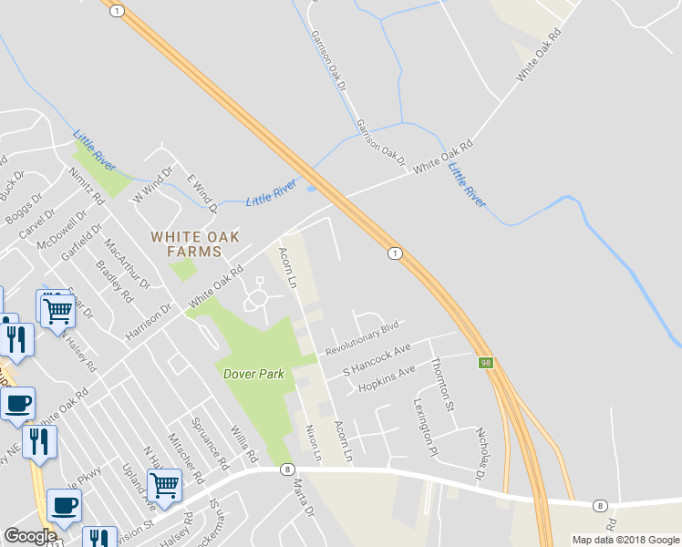 map of restaurants, bars, coffee shops, grocery stores, and more near 303 Stripef Court in Dover