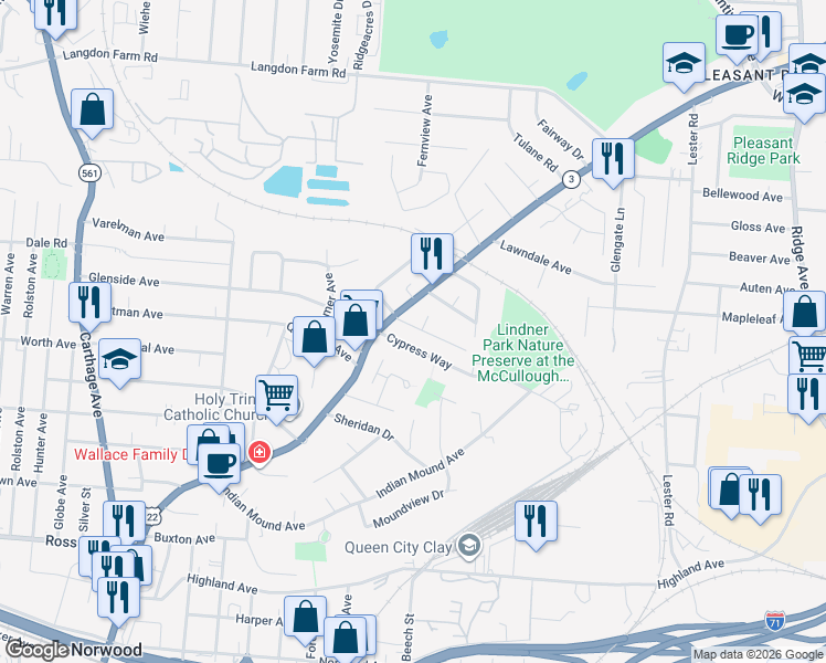 map of restaurants, bars, coffee shops, grocery stores, and more near 2523 Ridgeland Place in Cincinnati