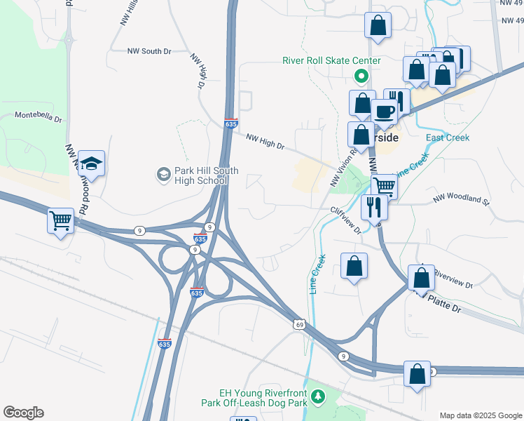 map of restaurants, bars, coffee shops, grocery stores, and more near 4800 NW Cliff View Dr in Riverside