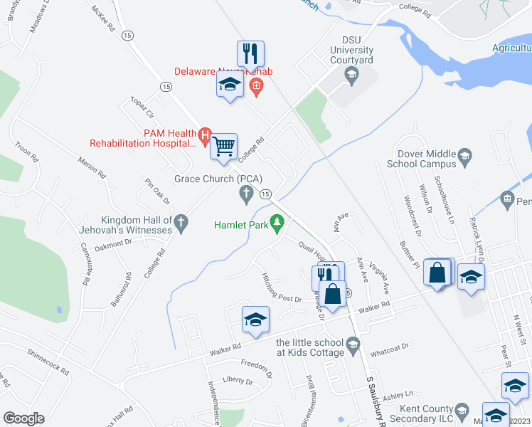 map of restaurants, bars, coffee shops, grocery stores, and more near 39 Forest Creek Drive in Dover