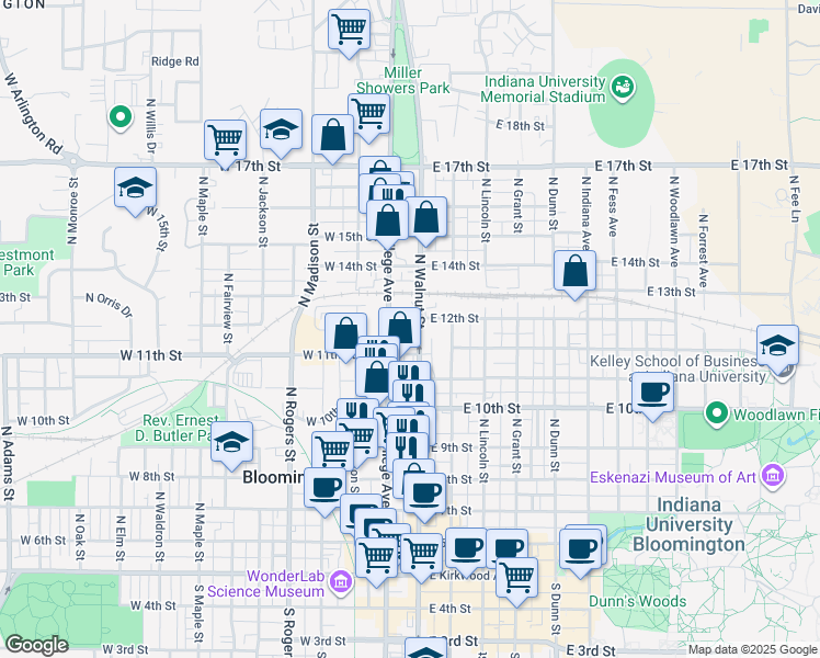 map of restaurants, bars, coffee shops, grocery stores, and more near 804 North Walnut Street in Bloomington