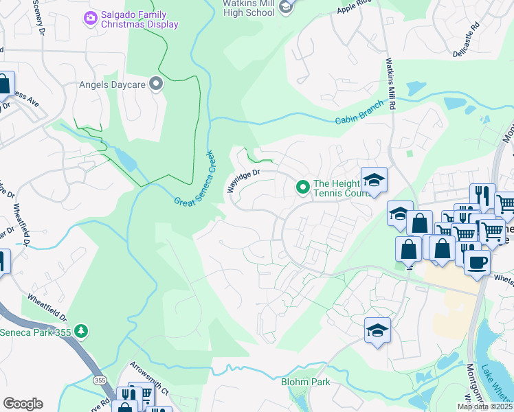 map of restaurants, bars, coffee shops, grocery stores, and more near 10525 Wayridge Drive in Gaithersburg