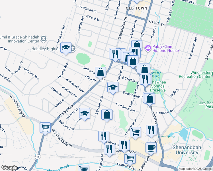 map of restaurants, bars, coffee shops, grocery stores, and more near 38 West Southwerk Street in Winchester