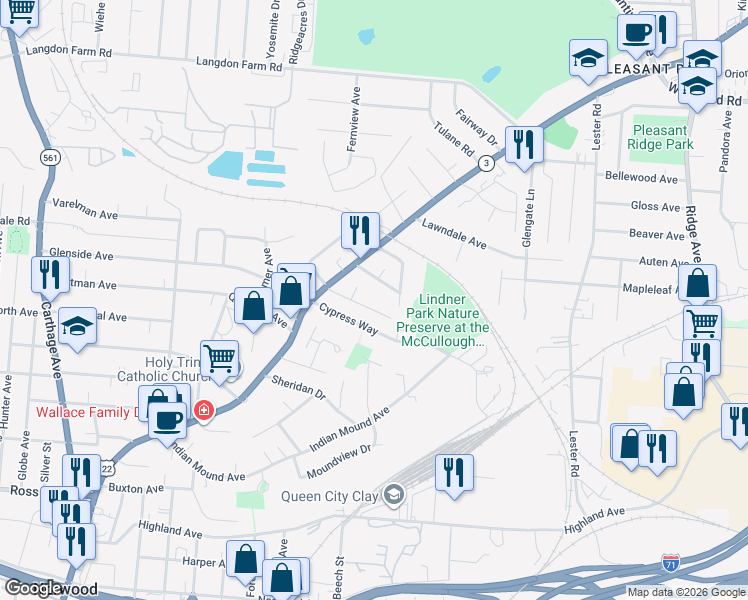 map of restaurants, bars, coffee shops, grocery stores, and more near 2546 Ridgeland Place in Cincinnati