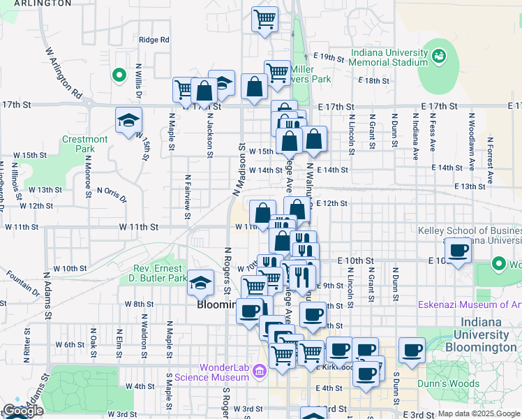 map of restaurants, bars, coffee shops, grocery stores, and more near 300 West 11th Street in Bloomington