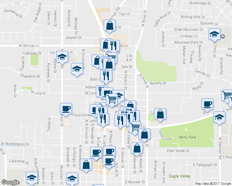 map of restaurants, bars, coffee shops, grocery stores, and more near E Long St & N Fall St in Carson City