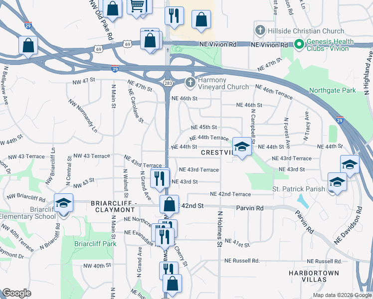 map of restaurants, bars, coffee shops, grocery stores, and more near 517 Northeast 44th Street in Kansas City
